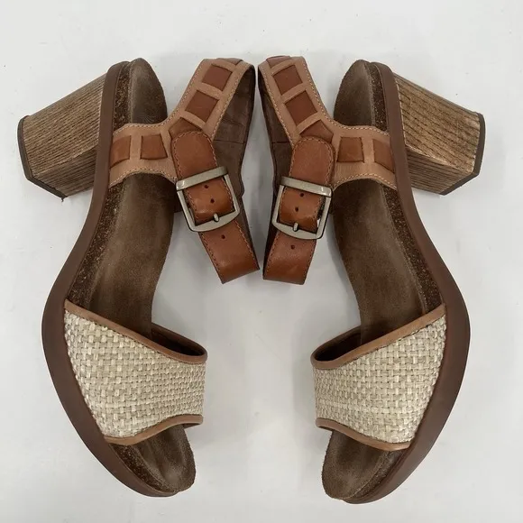 DANSKO Debby Brown Tan Leather Beige Raffia Chunky Heel Ankle Strap Sandals 8 39