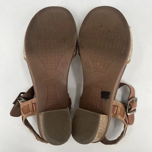 DANSKO Debby Brown Tan Leather Beige Raffia Chunky Heel Ankle Strap Sandals 8 39