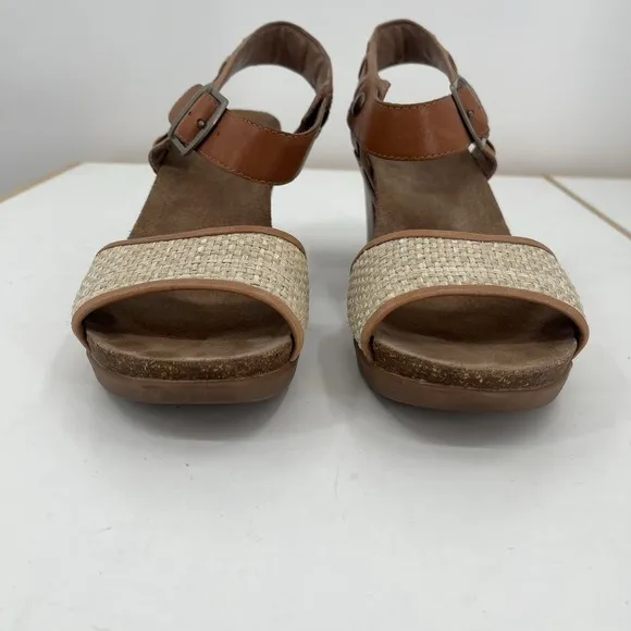 DANSKO Debby Brown Tan Leather Beige Raffia Chunky Heel Ankle Strap Sandals 8 39