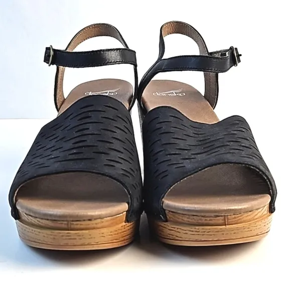Dansko Denita Black Nubuck Leather Perforated Chunky Platform Block Heel Sandal