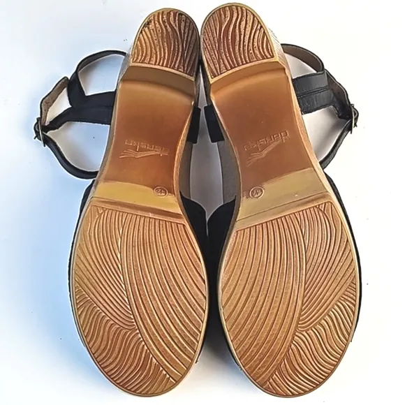 Dansko Denita Black Nubuck Leather Perforated Chunky Platform Block Heel Sandal