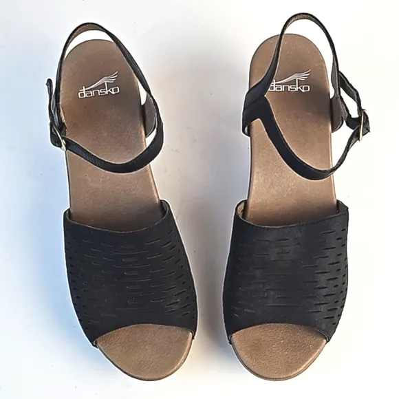 Dansko Denita Black Nubuck Leather Perforated Chunky Platform Block Heel Sandal