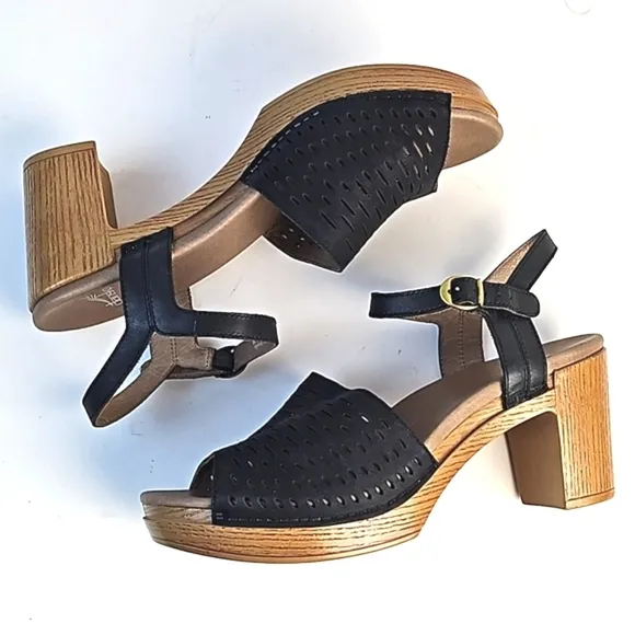 Dansko Denita Black Nubuck Leather Perforated Chunky Platform Block Heel Sandal