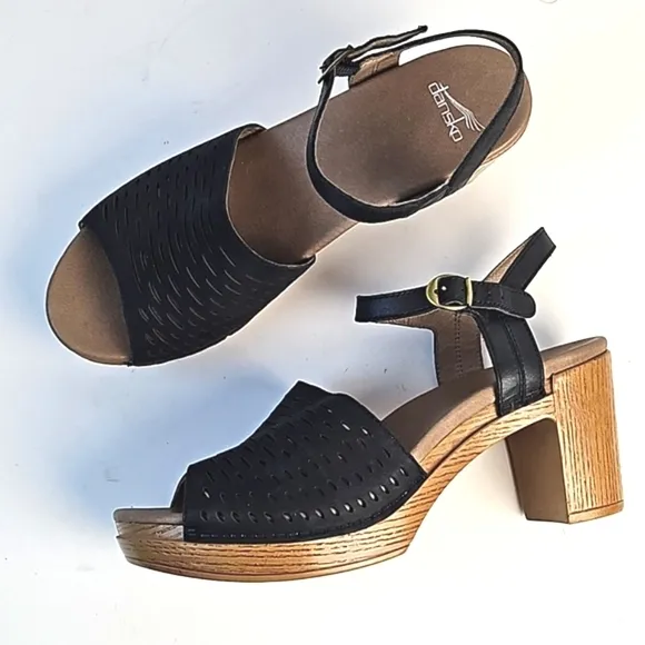 Dansko Denita Black Nubuck Leather Perforated Chunky Platform Block Heel Sandal