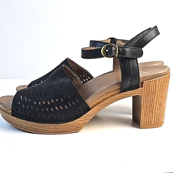 Dansko Denita Black Nubuck Leather Perforated Chunky Platform Block Heel Sandal
