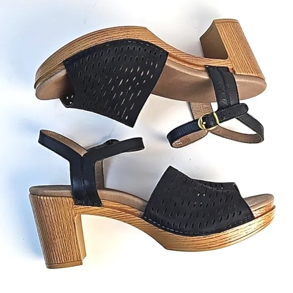 Dansko Denita Black Nubuck Leather Perforated Chunky Platform Block Heel Sandal