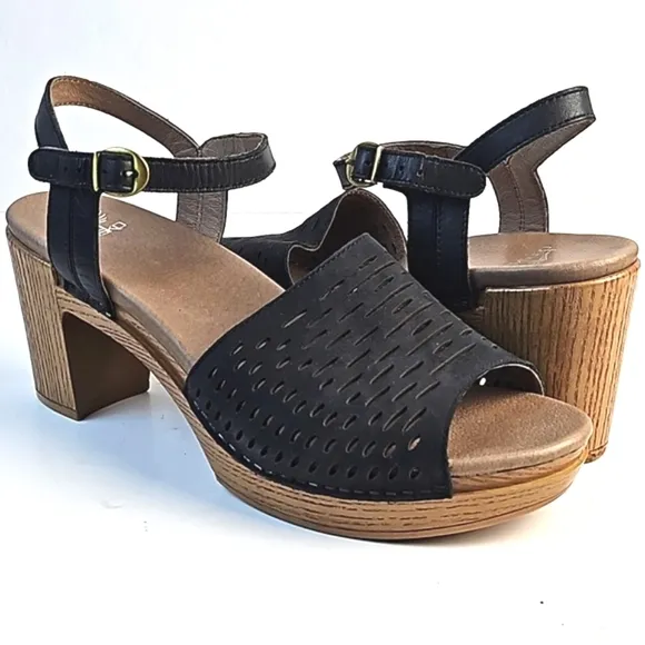 Dansko Denita Black Nubuck Leather Perforated Chunky Platform Block Heel Sandal