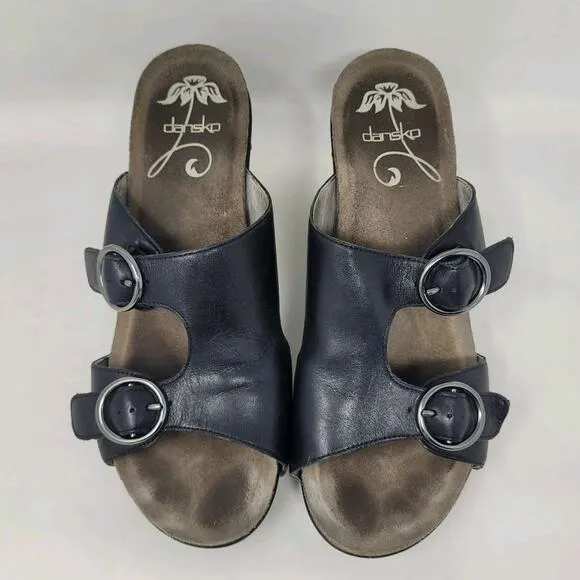 Dansko Sandals Womens EU41 US11 Black Leather Fern Wedge Sandals Buckles Studs