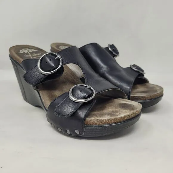Dansko Sandals Womens EU41 US11 Black Leather Fern Wedge Sandals Buckles Studs