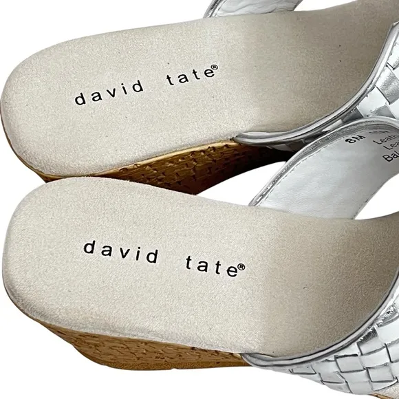David Tate Moderno Slip On Wedges Sandals Leather‎ Upper Open Toe Silver