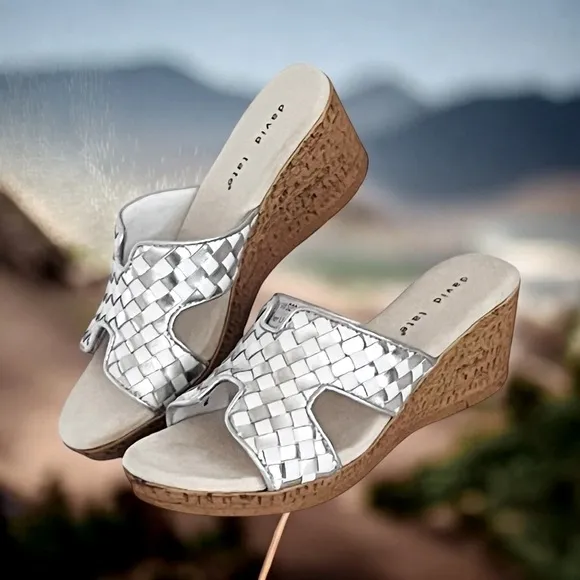 David Tate Moderno Slip On Wedges Sandals Leather‎ Upper Open Toe Silver