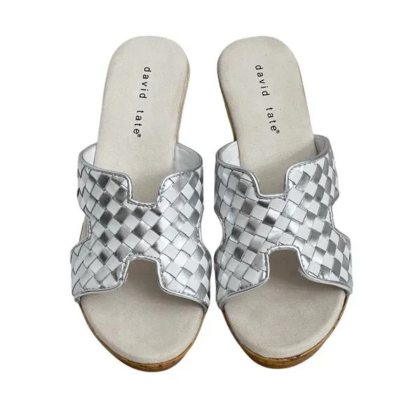 David Tate Moderno Slip On Wedges Sandals Leather‎ Upper Open Toe Silver