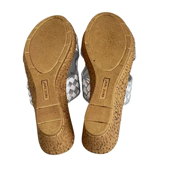 David Tate Moderno Slip On Wedges Sandals Leather‎ Upper Open Toe Silver