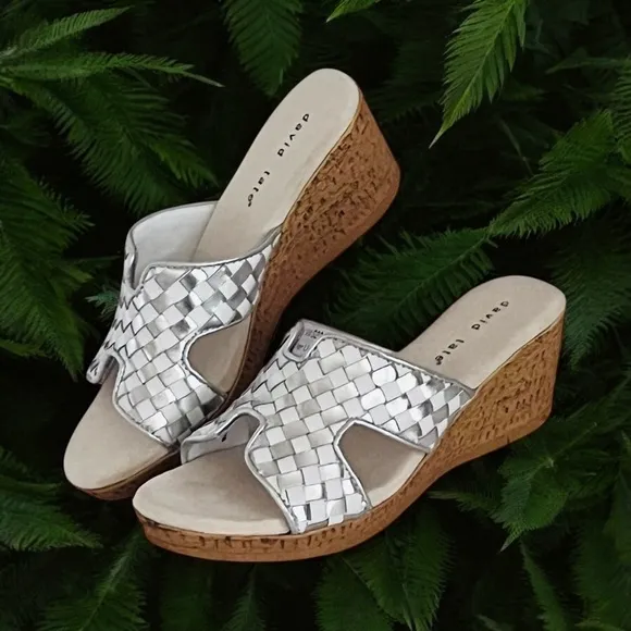 David Tate Moderno Slip On Wedges Sandals Leather‎ Upper Open Toe Silver