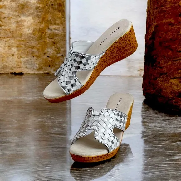 David Tate Moderno Slip On Wedges Sandals Leather‎ Upper Open Toe Silver