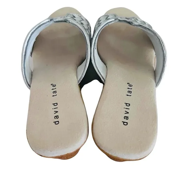 David Tate Moderno Slip On Wedges Sandals Leather‎ Upper Open Toe Silver