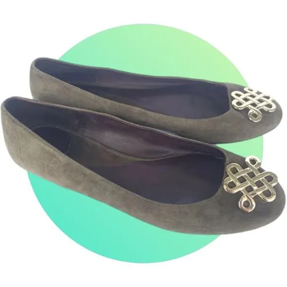 Diane Von Furstenberg Womens DVF Green Suede Flats Gold Knot Logo Size 11