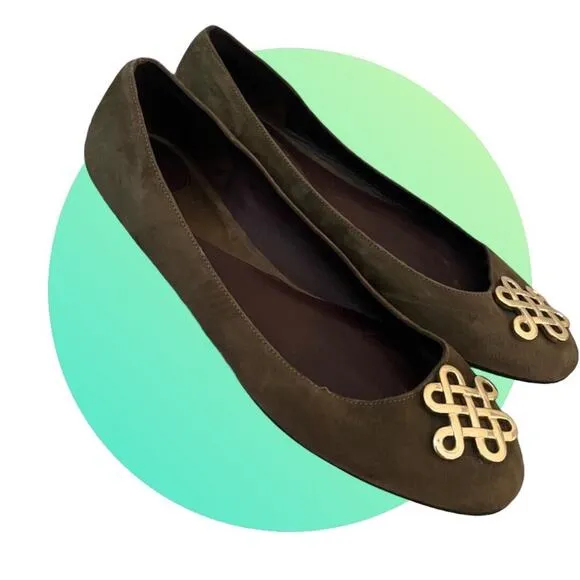 Diane Von Furstenberg Womens DVF Green Suede Flats Gold Knot Logo Size 11