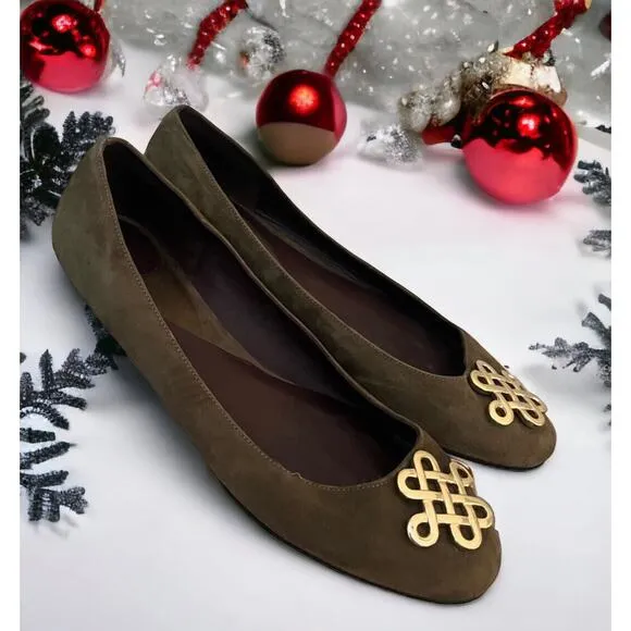 Diane Von Furstenberg Womens DVF Green Suede Flats Gold Knot Logo Size 11