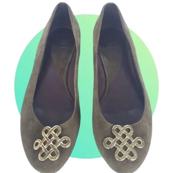 Diane Von Furstenberg Womens DVF Green Suede Flats Gold Knot Logo Size 11