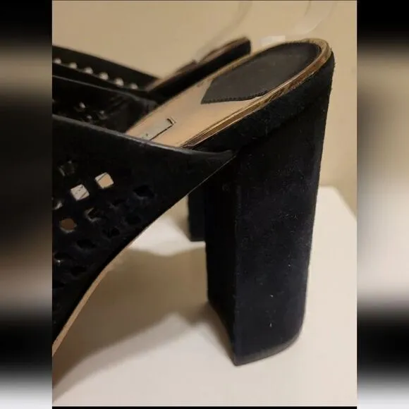 Diane Von Furstenberg DVF Taviano Black Laser Cut Suede Sandals Sz 8.5 ret.$175