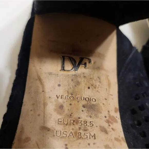 Diane Von Furstenberg DVF Taviano Black Laser Cut Suede Sandals Sz 8.5 ret.$175