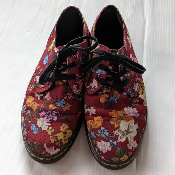 DOC MARTENS Gizelle Red Floral Canvas Loafers Creepers Low Sneakers