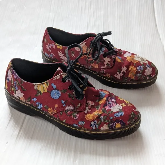 DOC MARTENS Gizelle Red Floral Canvas Loafers Creepers Low Sneakers