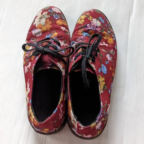 DOC MARTENS Gizelle Red Floral Canvas Loafers Creepers Low Sneakers