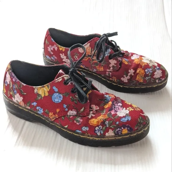 DOC MARTENS Gizelle Red Floral Canvas Loafers Creepers Low Sneakers