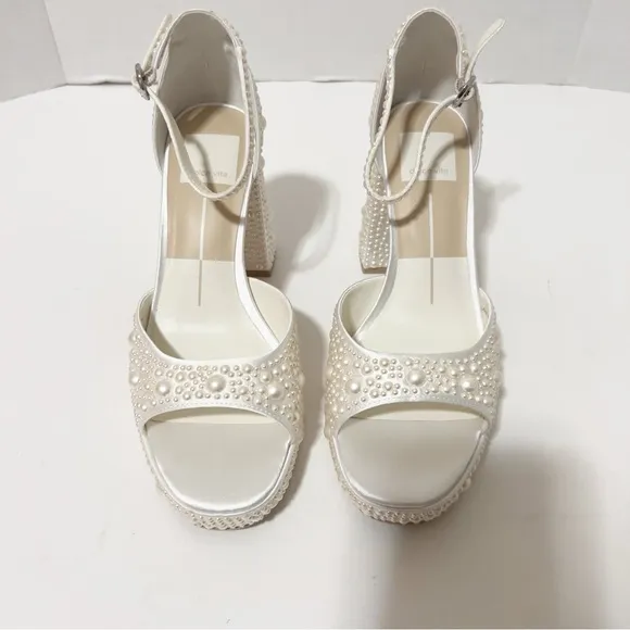 Dolce Vita Pandro Pearl Satin Ankle Strap True White Platform Sandals Size 6.5