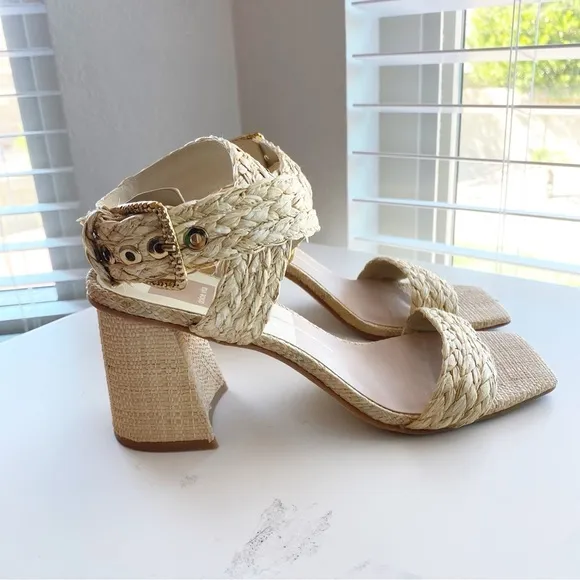 DOLCE VITA Paytin Raffia Block Heel Square Toe Sandals