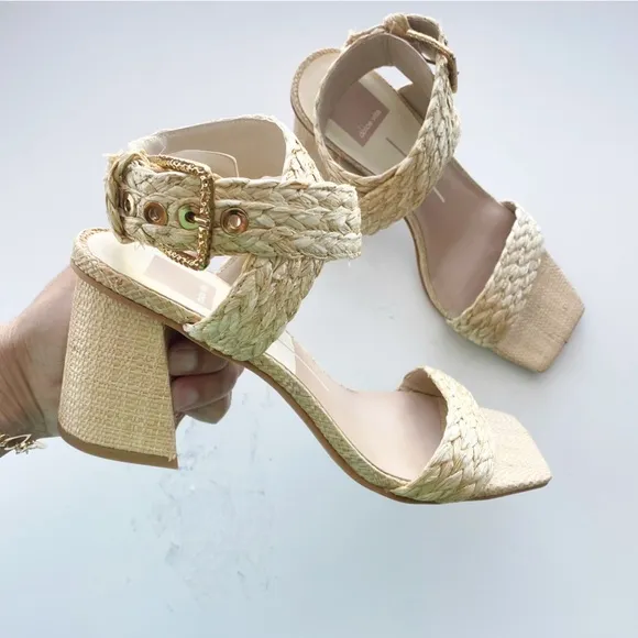 DOLCE VITA Paytin Raffia Block Heel Square Toe Sandals