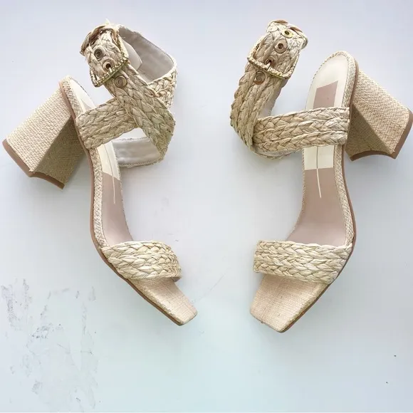 DOLCE VITA Paytin Raffia Block Heel Square Toe Sandals