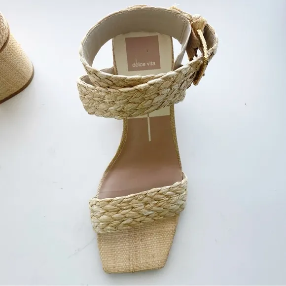 DOLCE VITA Paytin Raffia Block Heel Square Toe Sandals