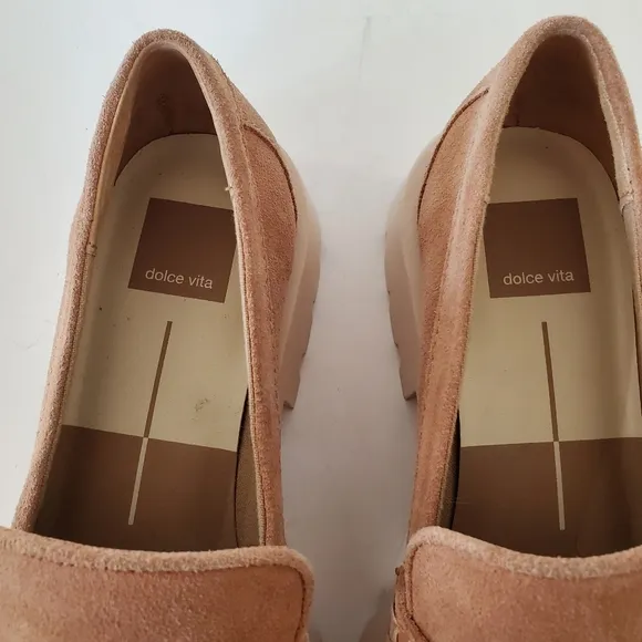 DOLCE VITA Sz 7.5 ELIAS Tan Suede Lug Sole Tailored Penny Loafer Flats Chunky