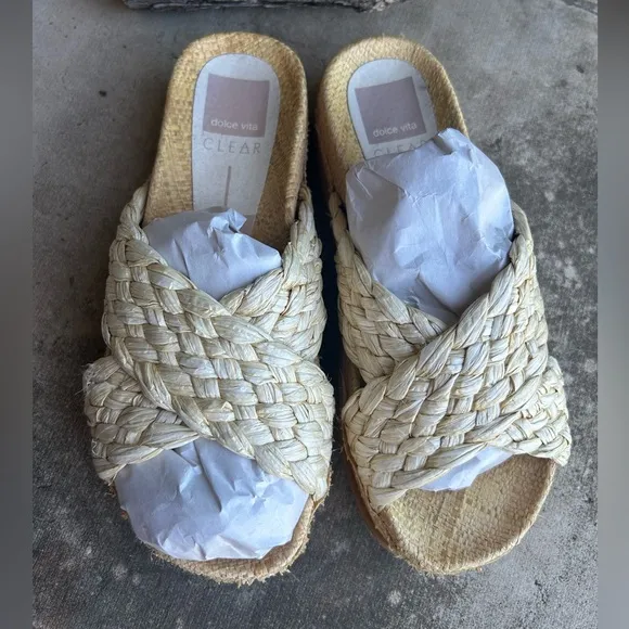 Dolce Vita Tan Espadrille platform Slides with Braided Raffia Design Sz-6.5. F