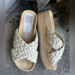 Dolce Vita Tan Espadrille platform Slides with Braided Raffia Design Sz-6.5. F