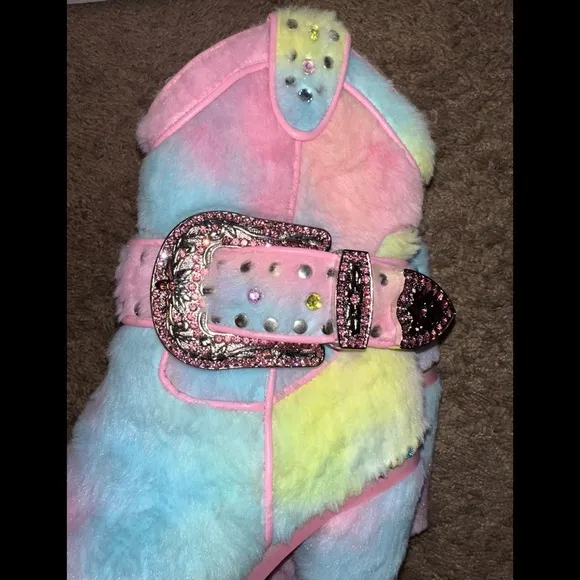 Dolls Kill Club Exx ‘SHARP SHERIFF SHINE’ Rainbow Candy Fur Boots NWOB 10