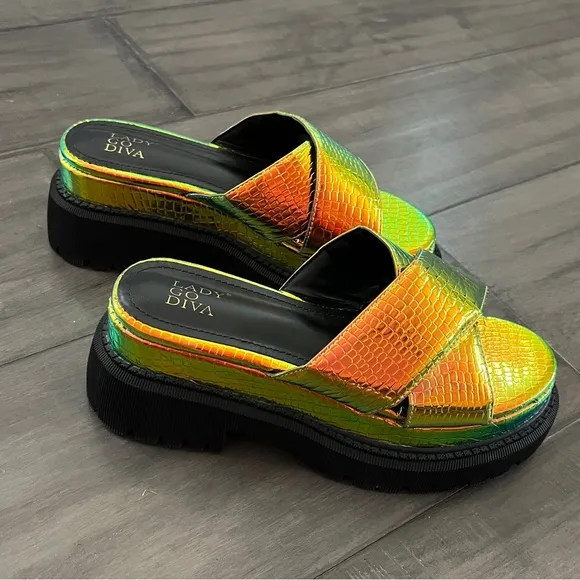 Dolls Kill Iridescent Croc Criss Cross Platform Sandals - Size 6