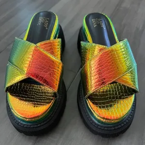 Dolls Kill Iridescent Croc Criss Cross Platform Sandals - Size 6