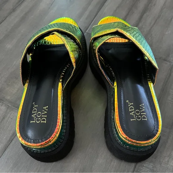 Dolls Kill Iridescent Croc Criss Cross Platform Sandals - Size 6