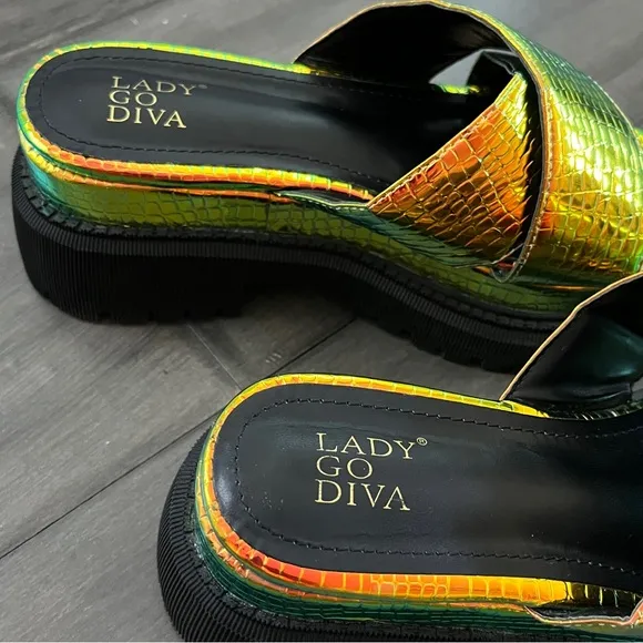 Dolls Kill Iridescent Croc Criss Cross Platform Sandals - Size 6