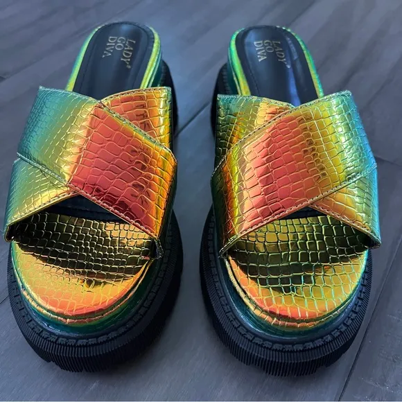 Dolls Kill Iridescent Croc Criss Cross Platform Sandals - Size 6