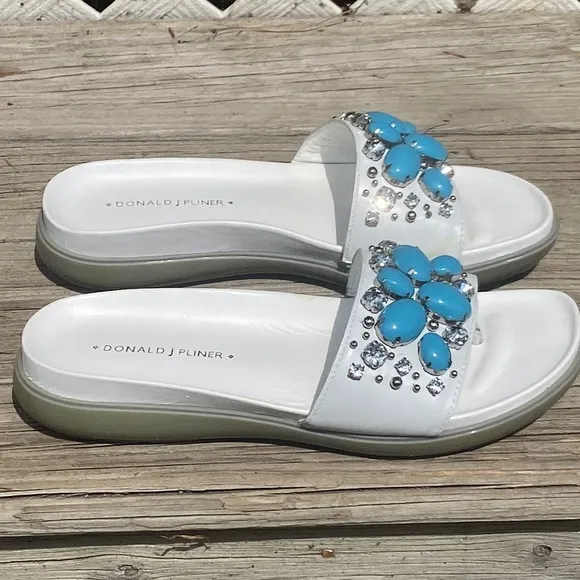 Donald J. Pliner 'Holly' White Leather Jeweled Slides Sandals Women's Size 6.5