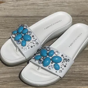 Donald J. Pliner 'Holly' White Leather Jeweled Slides Sandals Women's Size 6.5