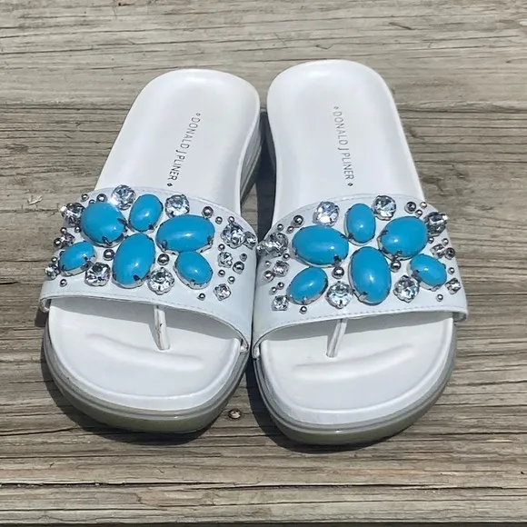 Donald J. Pliner 'Holly' White Leather Jeweled Slides Sandals Women's Size 6.5