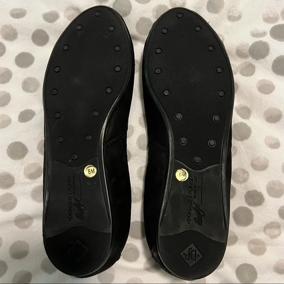 Donald Pliner Black Suede Flower Peep Toe with Elastic Flats Size 6