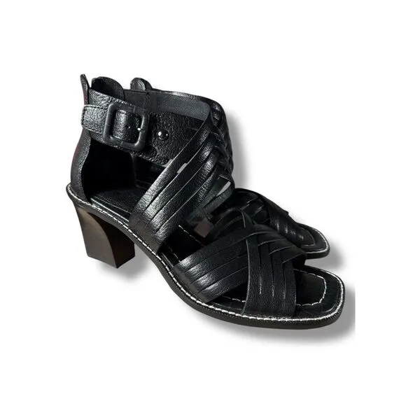 Donald Pliner Junnah Black Leather Strappy‎ Sandals Block Heel Shoes Size 7.5M