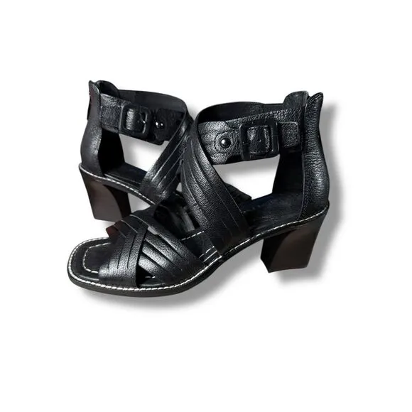 Donald Pliner Junnah Black Leather Strappy‎ Sandals Block Heel Shoes Size 7.5M